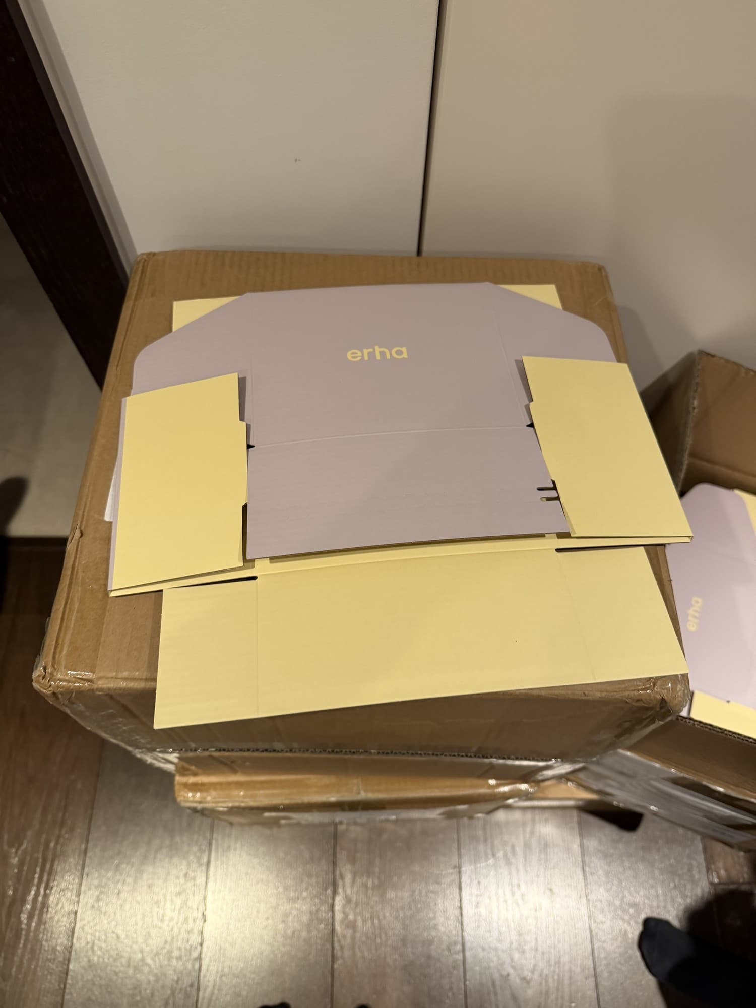 Erha packaging mock-ups in soft yellow and grey