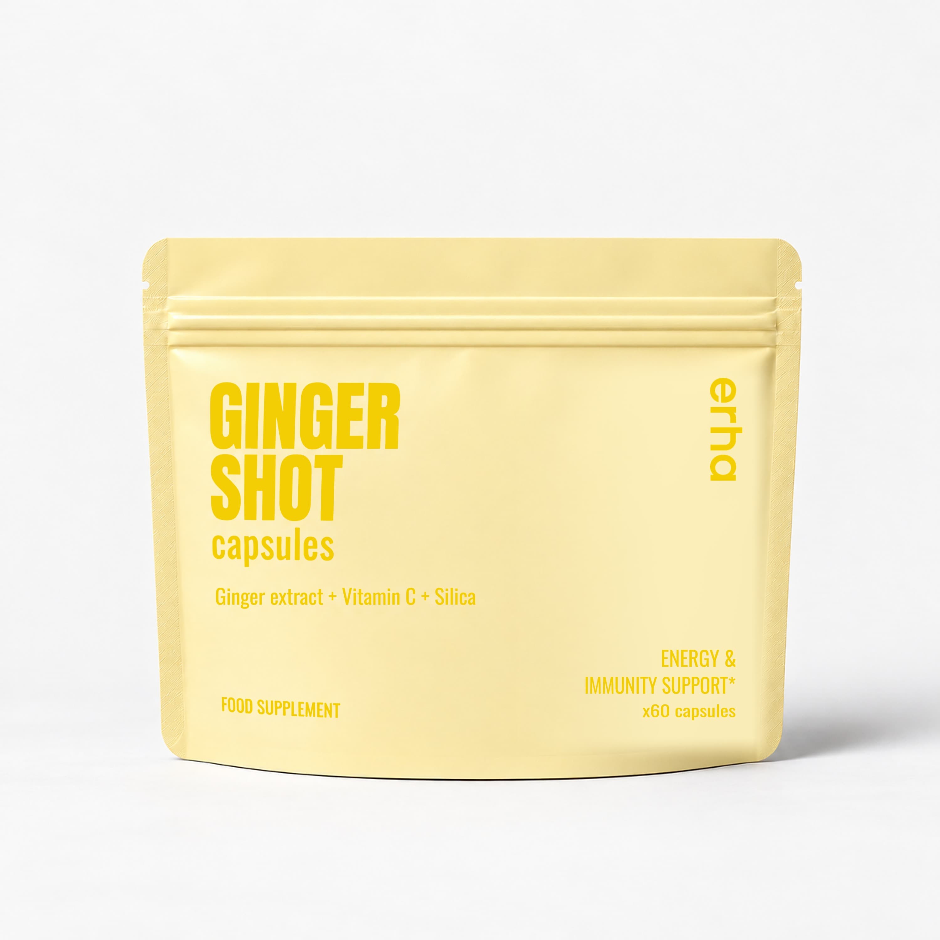 Erha Ginger Shot Capsules pouch in a clean studio product photo